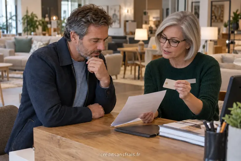 Un client et une conseillère examinent un document de financement dans un magasin d’ameublement.
