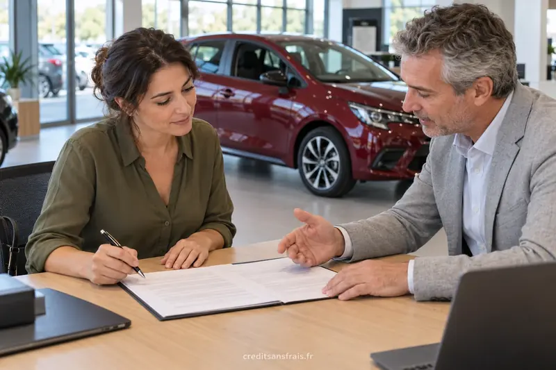 Une cliente signe un document avec un vendeur devant une voiture exposée en concession.