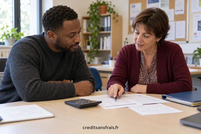 Deux personnes calculent un budget avec une calculatrice et des documents.