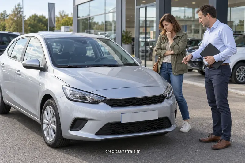 Une cliente et un vendeur discutent près d’une voiture grise sur un parking.