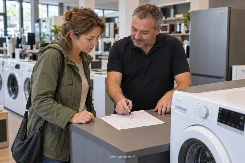 Une cliente et un vendeur examinent un devis devant des lave-linge.