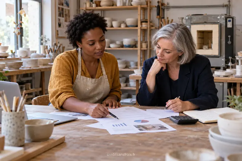Deux femmes étudient des documents et une calculatrice dans un atelier de céramique.