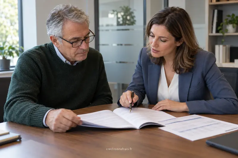 Un homme âgé et une conseillère lisent ensemble un contrat.