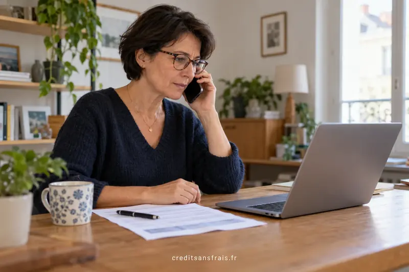 Une femme au téléphone vérifie des documents devant son ordinateur.