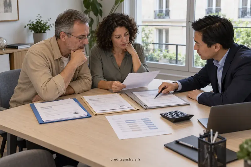 Un couple et un conseiller comparent des dossiers de crédit autour d’une table.